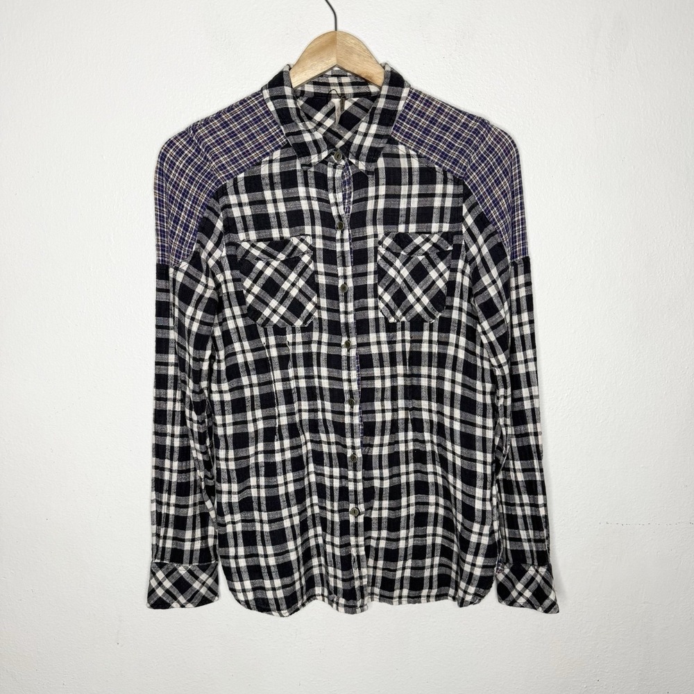 Free People Catch‎ Up With Me Plaid Flannel Shirt Black Purple Womens Smal
